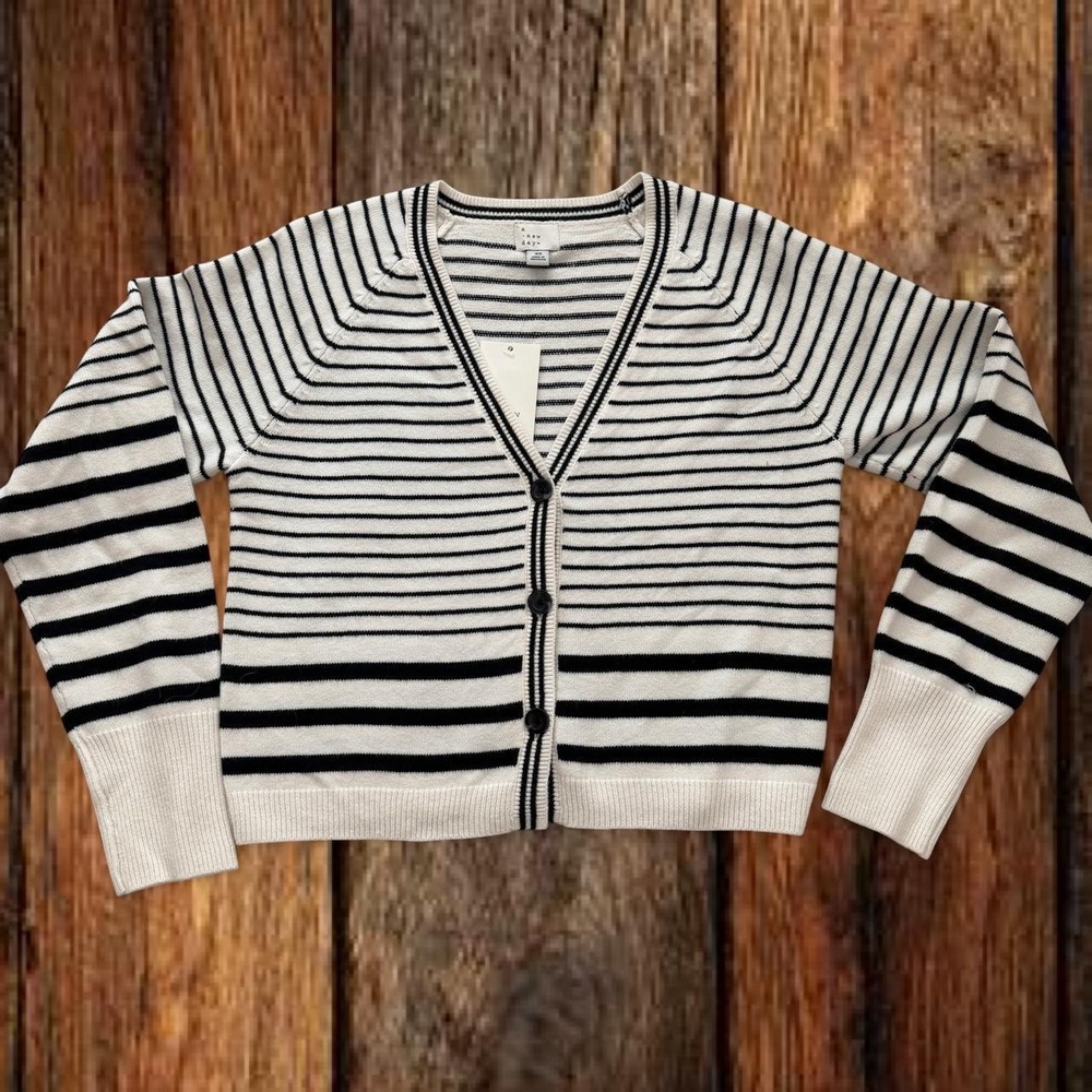 A New Day Womens XS Cream Black Striped Cropped Button Front Cardigan NWT